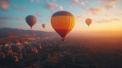 Naklejka premium whimsical hot air balloon festival vibrant balloons of various shapes floating over fantasy landscape pastel sky dreamy atmosphere