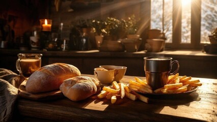 Fototapeta premium Food, breakfast, table, meal, healthy, nutrition, plate, drink, snack, cuisine, background, lunch, white, dinner, dish, delicious, glass, diet, gourmet, bread, tasty, holiday, restaurant, baked, fresh