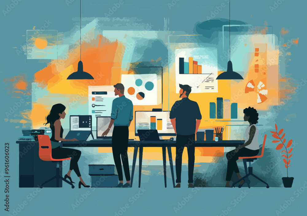 Poster team collaborating on new project with charts and graphs in modern office setting, minimalistic vect