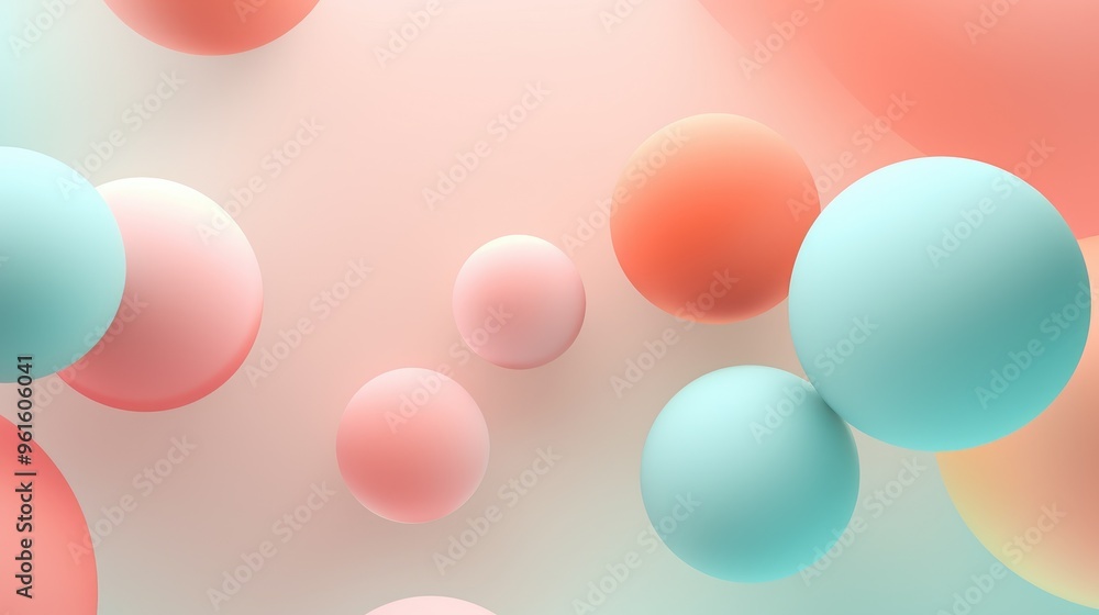 Poster a soft and dreamy background with pastel colored spheres floating in a gradient of pink and blue.