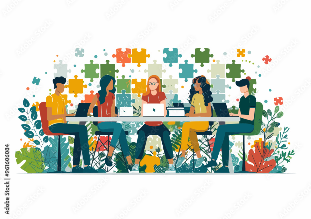 Poster teamwork concept: people collaboration solving puzzle rebus at table, creative problem-solving, mini