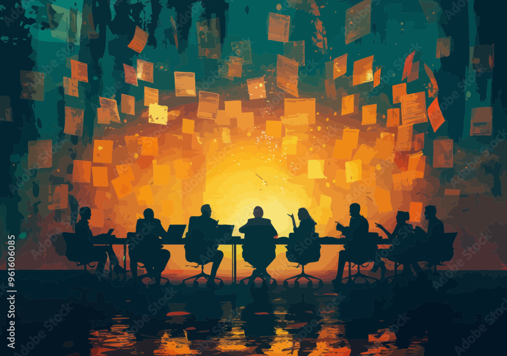 Poster virtual business meeting with animated messages: team discussion and argument around conference tabl