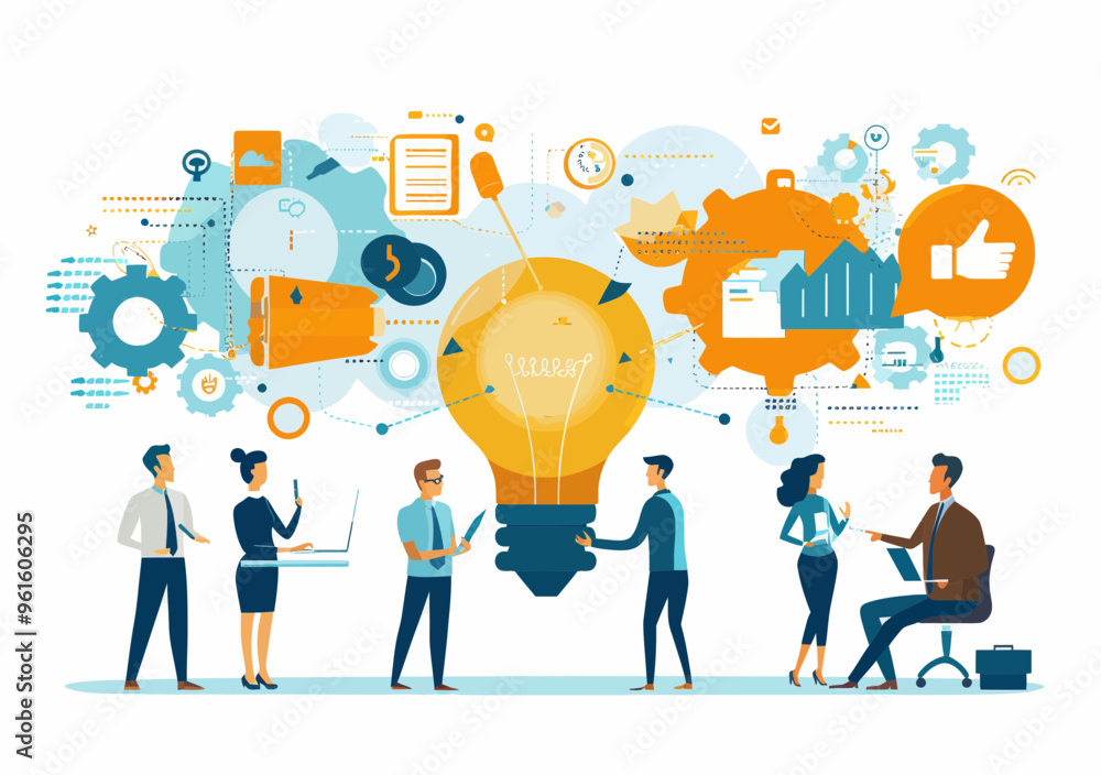 Poster business team collaborating on new idea and project with light bulb as symbol of innovation, vector 