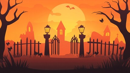 Fototapeta premium Spooky Halloween landscape with silhouetted trees and haunted houses against an orange sunset.