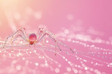 Pink Spider with Dew Drops on a Web