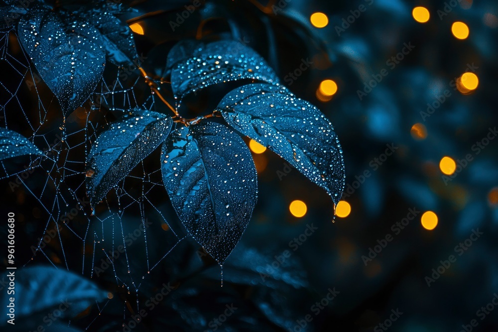 Poster dew-covered leaves with a spider web and blurred lights in the background