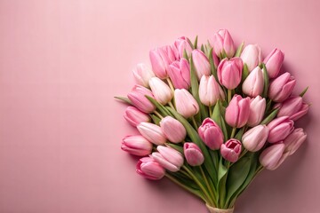 Fototapeta premium Beautiful bouquet of pink tulips arranged against matching pastel pink background