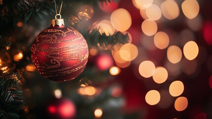 Obraz premium Decorative red ornament hanging on a Christmas tree with blurred lights
