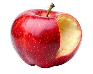 A juicy red apple with a bite taken out of its transparent background PNG.