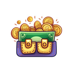 wallet with dollar bills and gold coins flying around it. Concept of wealth, income, savings, and financial success.