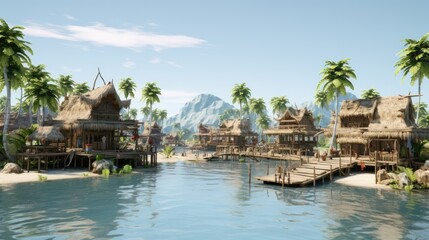 Fototapeta premium A tranquil scene of a tropical village nestled amongst lush palm trees and a calm lagoon.