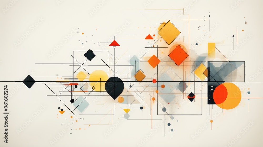 Poster a vibrant abstract composition featuring geometric shapes and lines in a bold color palette.