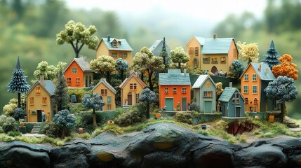 whimsical miniature world crafted from paper and cardboard intricate details bring to life a charming village with tiny paper people delicate trees and colorful houses under a painted sky