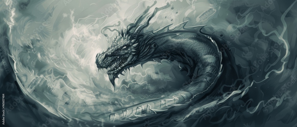 Wall mural a dragon painting in the midst of a water body, exhaling a wave from its maw