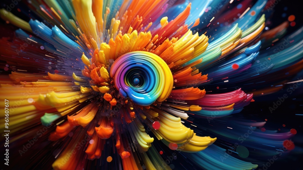 Poster a vibrant and colorful abstract design with a swirling center and radiating lines of color.