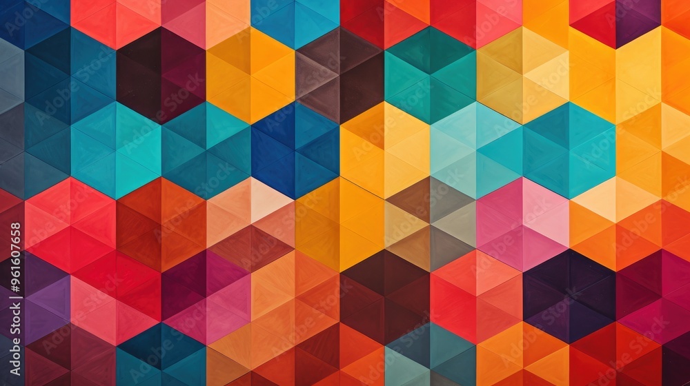Poster a vibrant and colorful geometric pattern with a variety of hues. the abstract design creates a sense