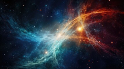 A vibrant and colorful nebula swirls through space, illuminated by the glow of distant stars.