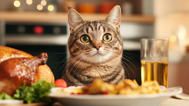 A fluffy tabby cat sitting on a Thanksgiving dinner table