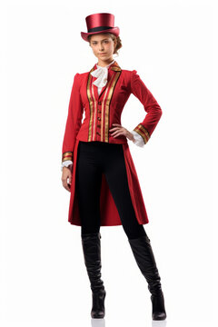 Friendly female ringmaster posing confidently in a vibrant circus costume