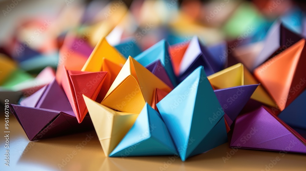 Poster a vibrant collection of colorful origami stars, folded with precision, create a captivating abstract