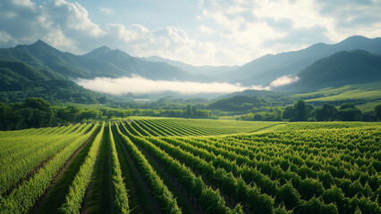 Hazy Romantic Vineyards: Mountains and Clouds in the Distance