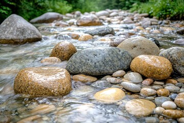Smooth River Rocks Immersed in Clear, Flowing Water