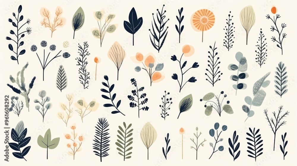Poster a whimsical collection of hand-drawn floral elements in a soft, muted color palette. perfect for add