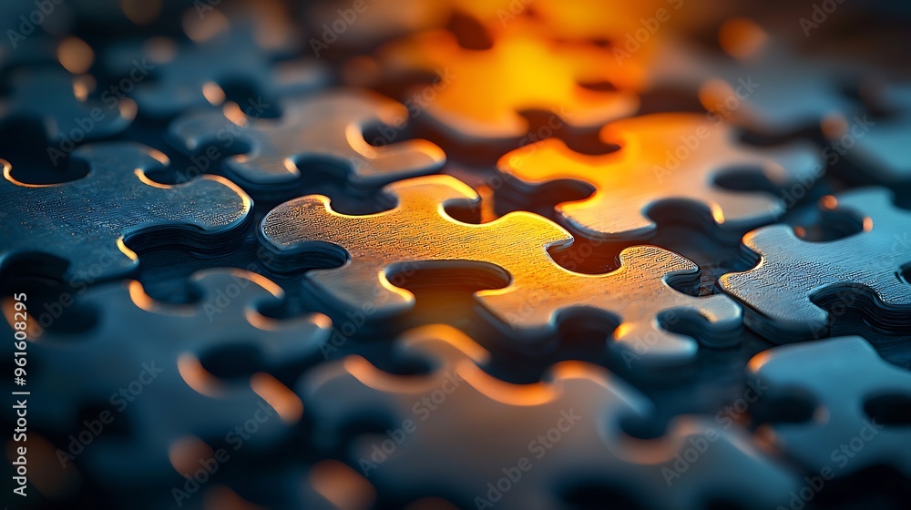Poster Interlocking metallic puzzle pieces with a warm glow, showcasing unity and completion.