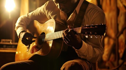 Fototapeta premium A person playing guitar in a music studio
