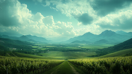Fototapeta premium Serene Vineyards: Romantic Haze with Distant Mountains