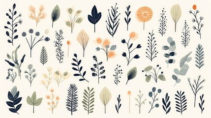 A whimsical collection of hand-drawn floral elements in a soft, muted color palette. Perfect for adding a touch of nature to your designs.