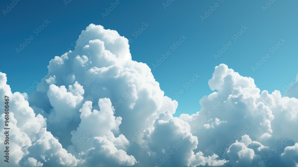 Poster fluffy white clouds float in a clear blue sky, illuminated by bright sunlight, creating a serene and