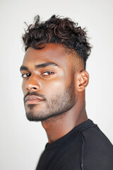 Obraz premium Young South Asian male with dark skin poses confidently in a studio setting, showcasing modern beauty and style through his expressive gaze and well-groomed appearance.