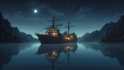 Obraz premium illustration of a fishing boat in the middle of a lake at night