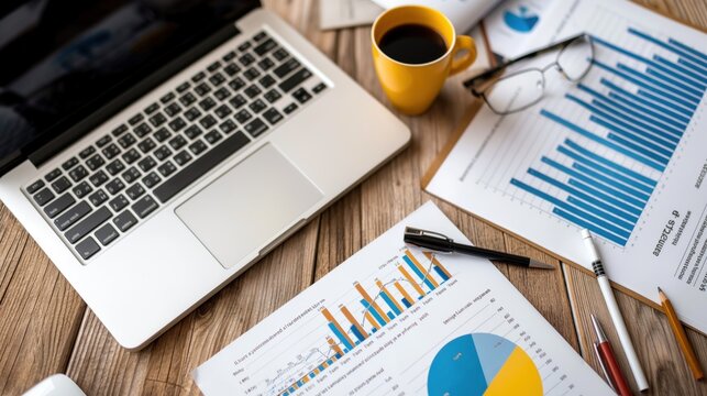 A laptop sits open next to a steaming cup of coffee, surrounded by colorful charts and graphs on sheets of paper, creating an engaged and productive workspace atmosphere - Powered by Adobe