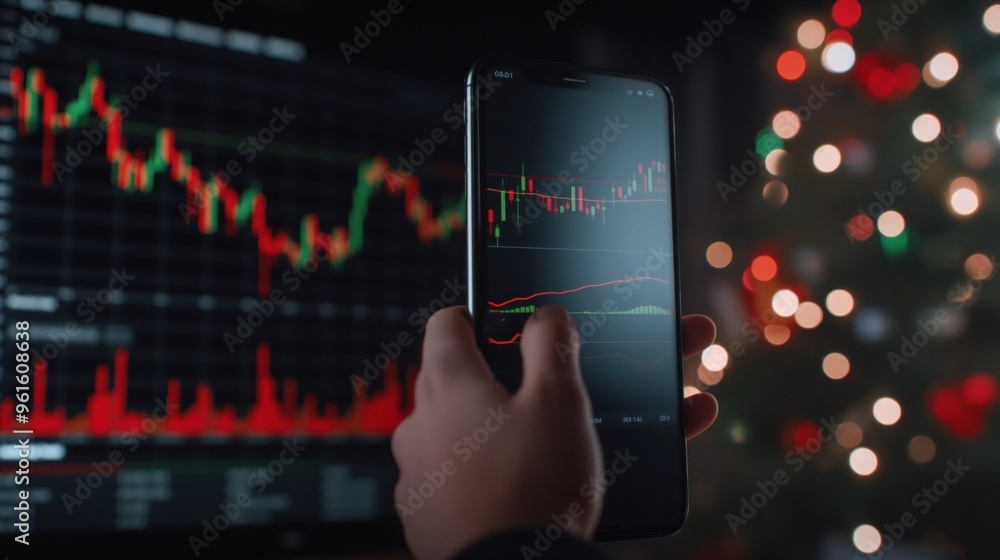 Aufkleber while studying stock market data displayed on a smartphone, an individual is surrounded by colorful 