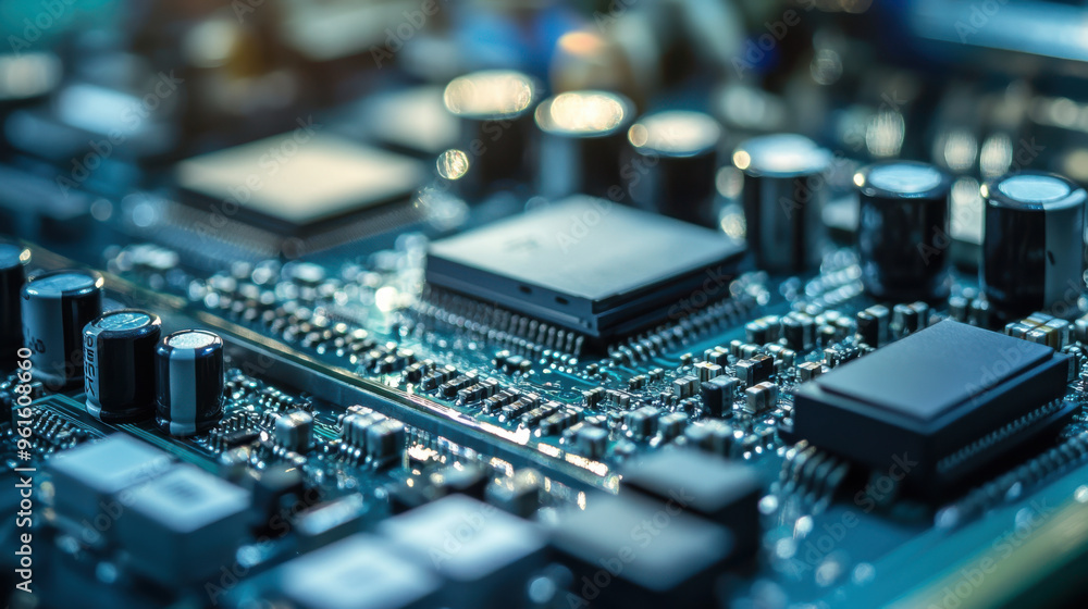 Poster advanced electronics factory in japan, producing high-tech components.