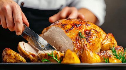 Close-up of a chef’s hands carefully carving a golden-brown turkey, juices running, Perfectly cooked Thanksgiving turkey, Masterful carving. 