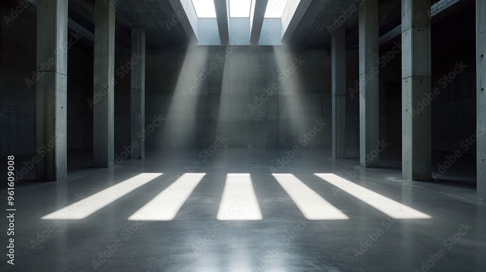Poster sunlight filters through skylights in a spacious concrete room, creating a play of bright lines and 