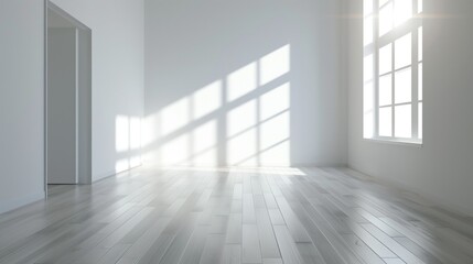Obraz premium A minimalistic room features sleek wooden flooring, complemented by sunlight streaming through large windows. The bright atmosphere and clean lines create an inviting, open feel