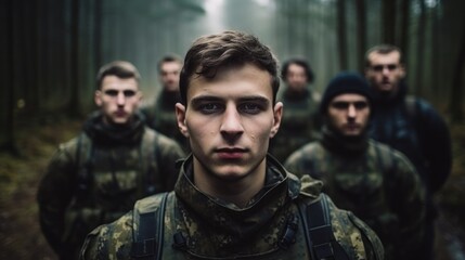 Fototapeta premium A young soldier stands in a forest, his face serious and determined. He is surrounded by his comrades, all ready for action.