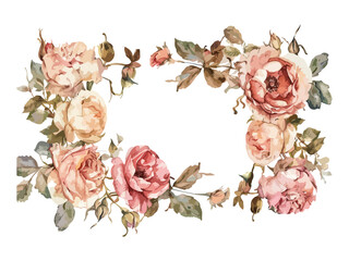 Beautiful watercolor floral frame with pink and beige roses and leaves. Romantic design for wedding invitations, greeting cards, posters and other projects.