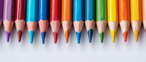  A line of colored pencils atop a white table, adjacent to another aligned row