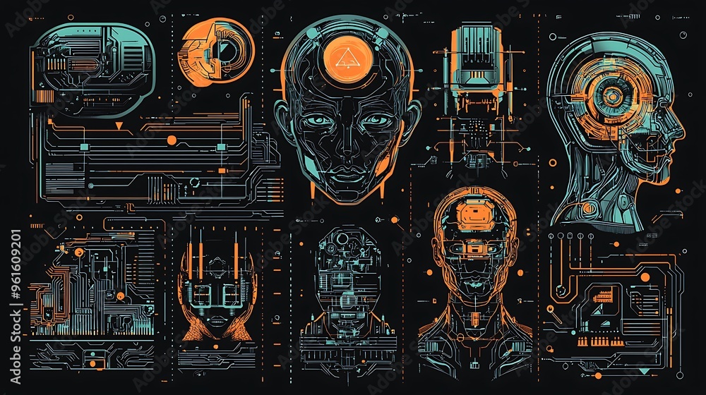 Poster a futuristic cyborg head with intricate circuitry and interface elements, embodying modern technolog