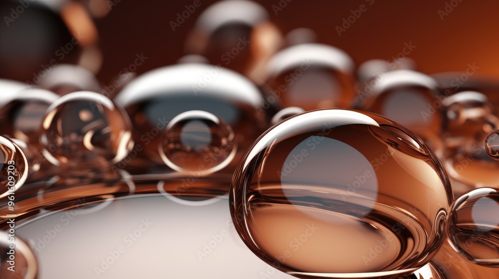 Poster abstract background with a cluster of shiny, transparent bubbles in warm brown tones.