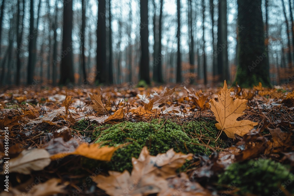 Poster Autumn Leaves and Moss on Forest Floor