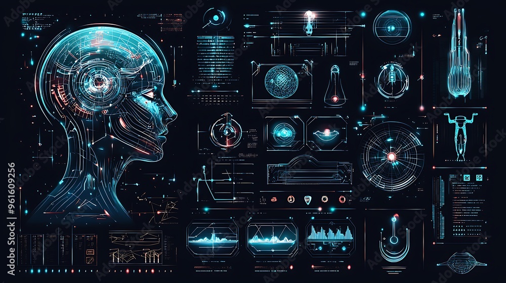 Poster a futuristic hud interface with a cyborg head, displaying data and digital elements.
