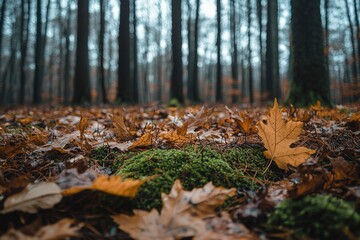 Autumn Leaves and Moss on Forest Floor