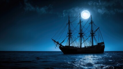 Fototapeta premium The sailing vessel floats serenely across dark waters, illuminated by a bright full moon casting a magical glow all around