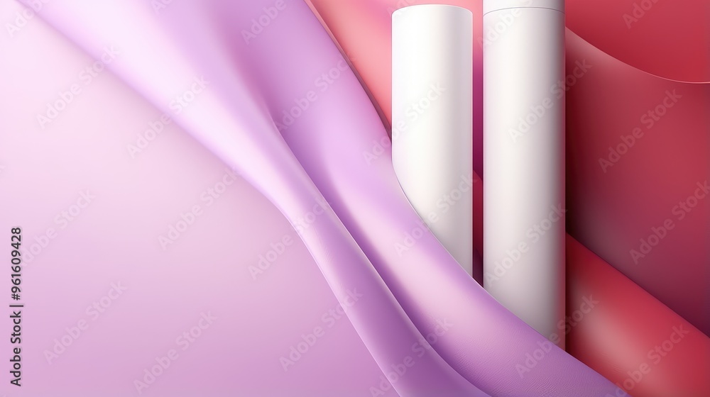 Poster abstract background with two white cylinders and pink and red paper. minimalist design with smooth c